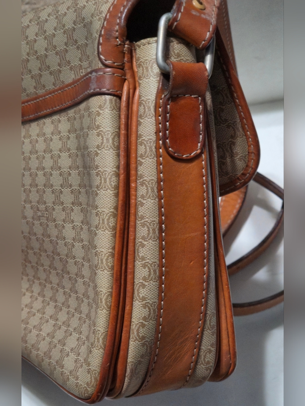 CELINE Macadam Brown Leather Trim Crossbody Shoulder Purse Bag PVC Canvas Beige - Picture 11 of 16